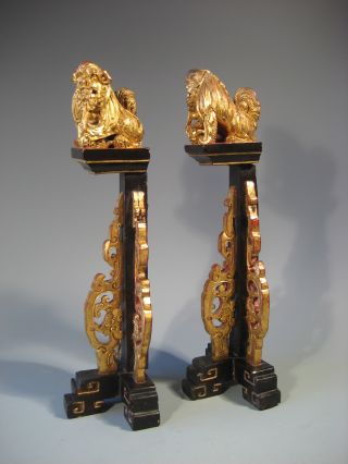 Pair China Chinese Carved Gilded & Lacquer Wood Foo Lions On Stands 20th C. photo