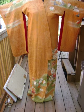 Stunning Antique/vintage Japanese Crysanthemum Handpainted Silk Kimono - Wwii photo