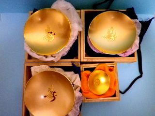 Japanese Antiques Kinpai Gold Cups 4set Wood Box Vintage photo