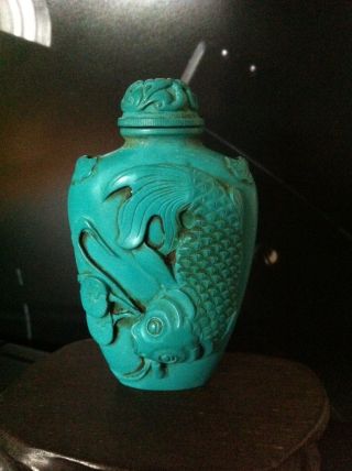 Antique Chinese Turquoise Snuff Bottle,  Carved Calligraphy Signed, photo