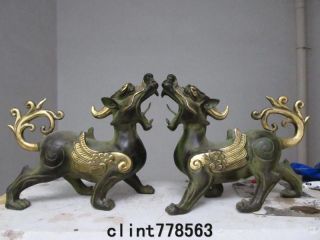 China Folk Favorites Bronze Gilded House From Evil Spirits Foo Dog Kirin Pair photo