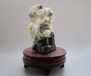620g Chinese Dushan Jade Carved Lotus Dragonfly Statue Including Stand photo