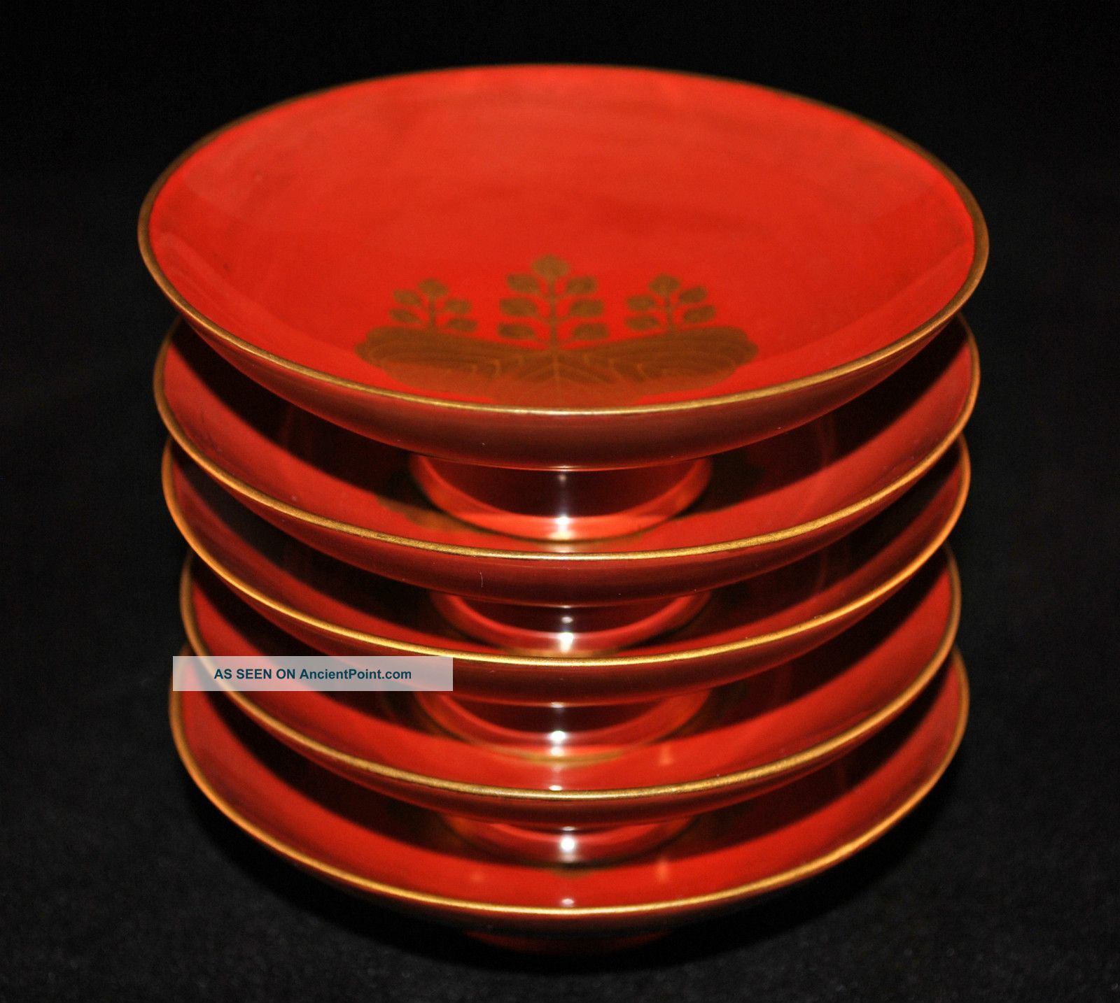 Vintage 1940 ' S 5 Japanese Lacquered Wooden Bowls - Red Gold Makie? Bowls photo