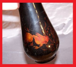 Antique Chinese Or Japanese,  Asian Lacquered Wooden Vase,  Painted With Goldfish. photo