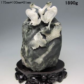 100% Natural Dushan Jade Hand - Carved Statue - - 2 Crane Nr/xy1957 photo