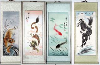 4 Japanese Calligraphy/ Painting Scroll Tiger,  Dragon,  Fish,  Horses 389 photo
