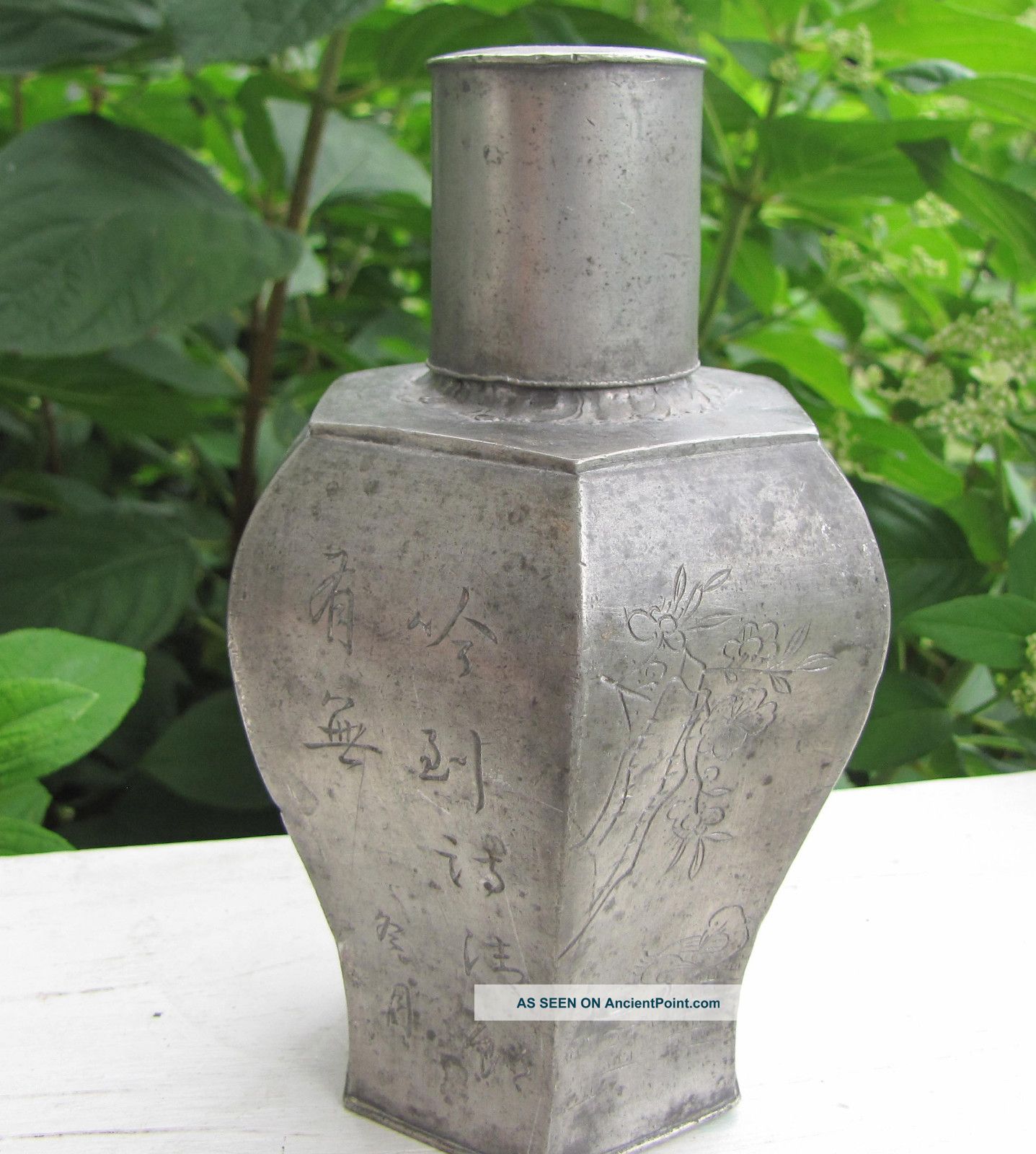 Antique Chinese Pewter Tea Caddy Engraved Artwork & Signed Hexagon Shape Primitives photo