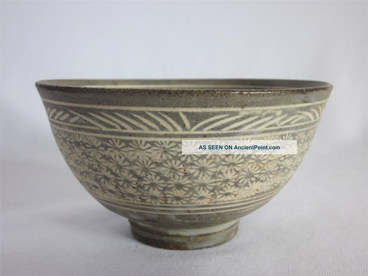Korean Pottery Vintage Mishima Tea Bowl; Tasteful Chrysanthemum Relief/ 375 Korea photo