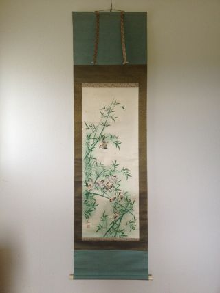 141 ~flying Sparrows In The Bamboo Grove~ Japanese Antique Hanging Scroll photo