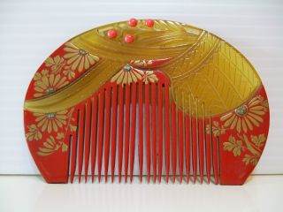 Rare Antique Japanese Tortoise Shell & Coral Hair Comb photo