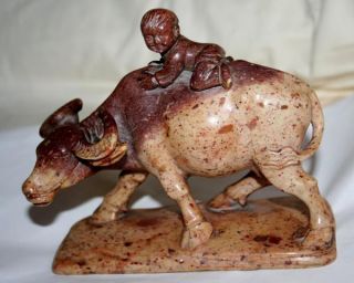 Antique Chinese Culture Revolution Soap Stone Sculpture Boy Riding Ox Statue. photo