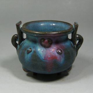 19th C Vintage Chinese Red And Blue Glaze 3 Legs Jun Porcelain Incense Burner photo