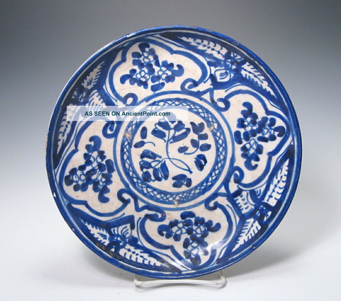 Antique Iznik / Persian Blue And White Pottery Plate 18c Middle East photo