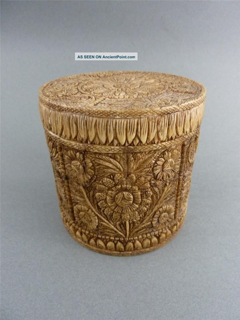 Stunning 19thc Antique Asian Indian Carved Ox Bone Floral Box 4 By 4 Inches India photo