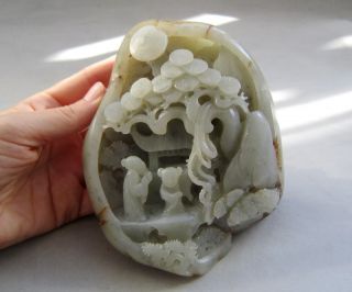 1125g Chinese Hetian Jade Carved Pine Trees Old Man Children Statue photo
