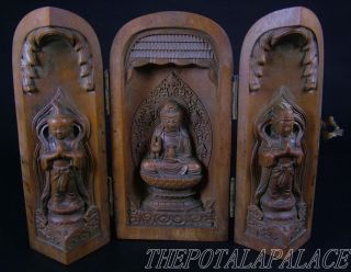 Old Chinese Boxwood Carved Statue~kwan - Yin & Buddha~can Be Closed & Opened photo