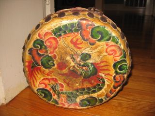 Old 19thc?? Qing Dy Chinese Painted Drum - Painting Dragon And Phoenix - Leather photo