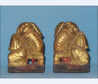 Gold Gilt/pair Of Antique Chinese Wooden Lions/ Foo Dogs photo