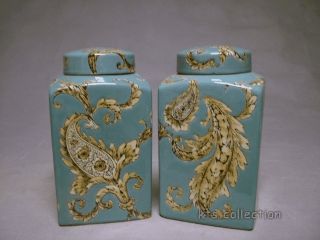 Exquisite Pair Of Blue Glazed Tea Canister With Floral Twig Patterns photo