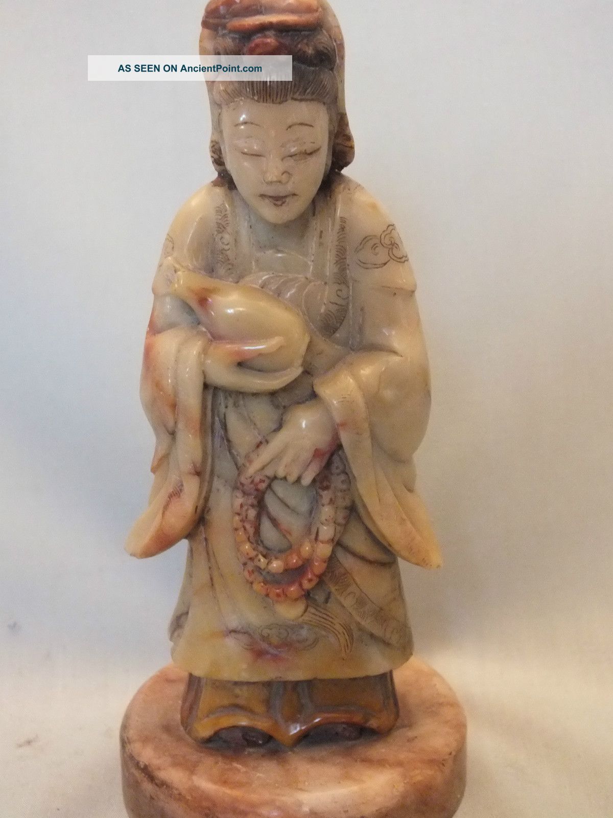Chinese Soapstone Figure Of A Woman Holding A Vase & Beads 19thc Jade/ Hardstone photo