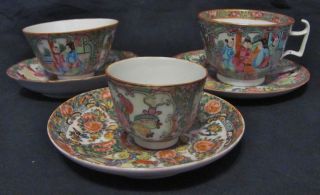 3 19thc Chinese Rose Medallion Cups & Saucers photo