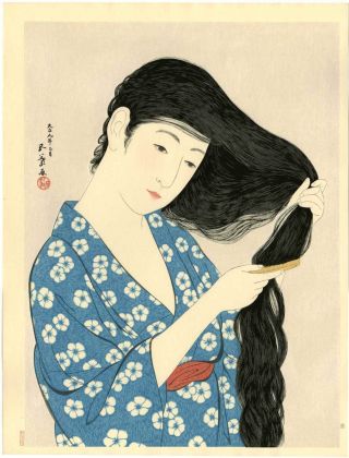 Hashiguchi Goyo Japanese Woodblock Print Combing Hair 1920 Masterpiece photo