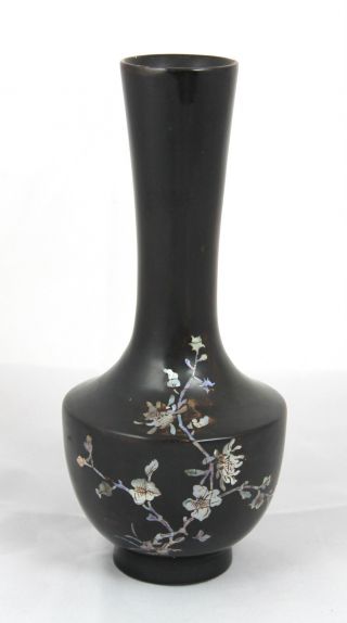 Chinese Export C1900 - 10 Black Inlaid Mother Of Pearl Lacquer Vase photo