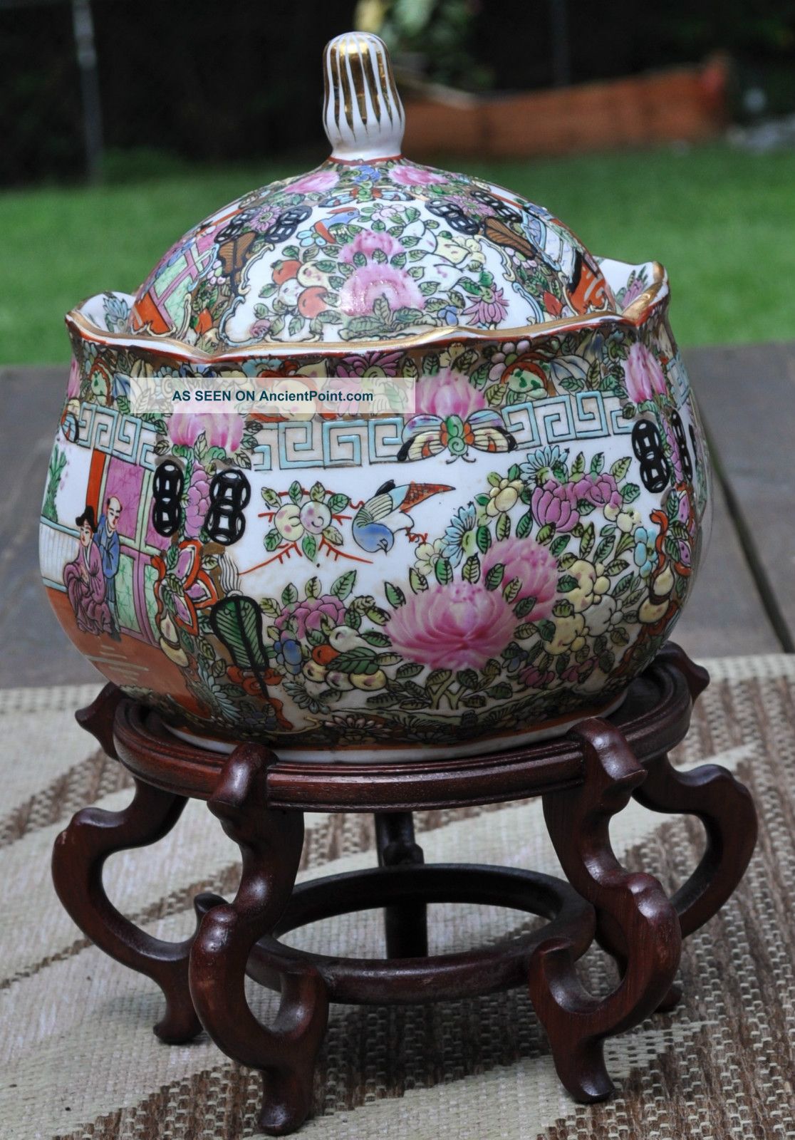 Rose Medallion 19th Century Large Pot Vase & Stand ~beautiful Gold Leafing Vases photo
