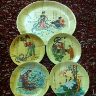 A Set Chinese Antique Family Bamboo Plates With Chinese Pictures.  Antik photo