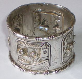 Antique Chinese Export Solid Silver Napkin Ring Figural Chinese Scenes C1890 photo