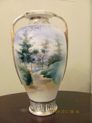 Antique Nippon Porcelain Vase / Landscape Scene / Gold Gilded photo