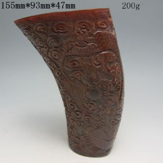 Old Antiques Chinese 100% Ox Horn Hand Carved Dragon Jiao Cup Nr/pc1612 photo
