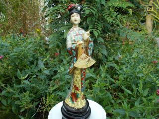 Lovely Cloisonne Lady Figure Holding Fan On Wooden Stand,  Traditional Costume photo