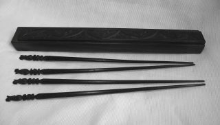 Old Hand Carved Chinese Rosewood Chop Sticks & Box photo