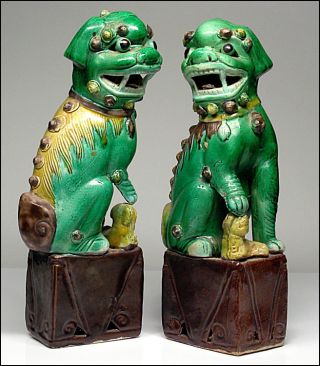 1910 Chinese Foo Dogs Art Pottery Sancai Glaze Figurines photo