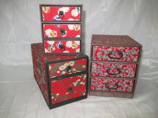 3 Hand Made Vintage Asian Oriental Silk Floral Cloth Drawer Box Boxes photo