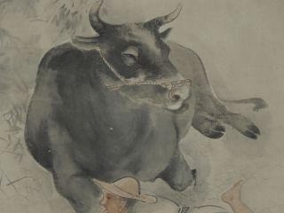 370 Japanese Jiku Kakejiku Hanging Scroll Japan　art A Cow And A Person photo