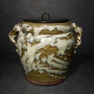 F350: Japanese Tanba Pottery Ware Cold Water Container With Great Style Of Glaze photo