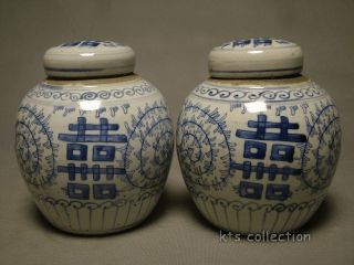 Wonderful Pair Of Blue And White Porcelain Pot With Floral And Script Pattern photo