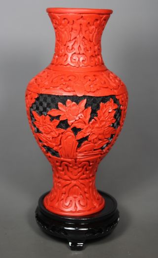Chinese Old Red And Black Lacquer Handwork Carving Flower Vase + Stand photo