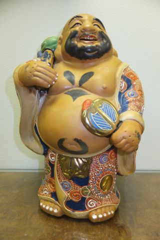 Large Antique Clay Laughing Buddha Chinese Hand Painted Gold Marked Enamel Old photo