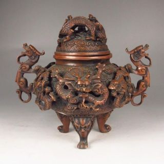 Chinese Bronze Incense Burner W Dragon & Xuan De Mark photo