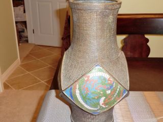 Unusual Antique Large Japanese Bronze Dragon Champleve Vase Signed photo