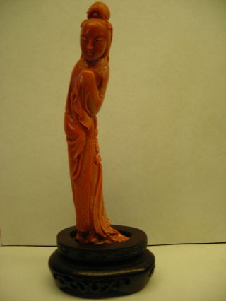 Antique Chinese Carved Natural Red Coral Guanyin Figurine Carving Quan Yin photo