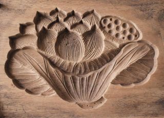 Japanese Antique Kashigata Lotus Flower & Leaf W/ Cover Hand Carved Wooden Mold photo