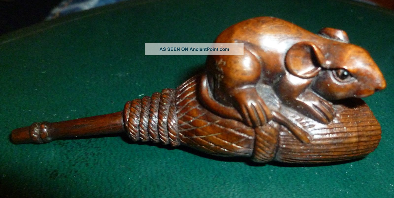 Amazing Netsuke Rat On A Broom Incredible Detail Signed By Artist Early C20th Netsuke photo
