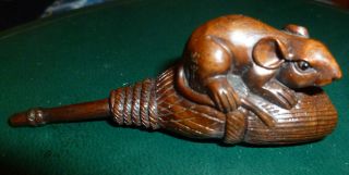 Amazing Netsuke Rat On A Broom Incredible Detail Signed By Artist Early C20th photo