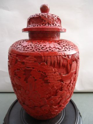 Guaranteed Carved Antique Cinnabar - 1880 Chinese Large Heavy Pot Vase 12x7 1/2 photo