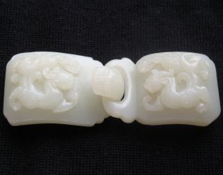 Antique Chinese Carved White Mutton Fat Hetian Jade Dragon Buckle,  Qing Dynasty photo