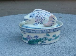 Two Vintage Signed Whimsical Asian Covered Rice Bowls; Hand Painted; Fish Lids photo